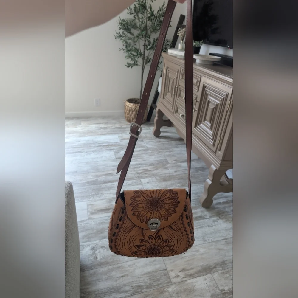 Sunflower Embossed Tan Leather Crossbody Bag Unique Personalized Leather Bag